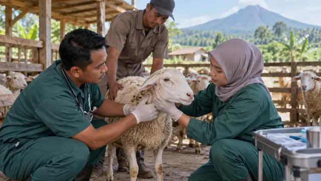 Petugas memeriksa domba Suffolk dalam program inseminasi buatan di Jenggawah