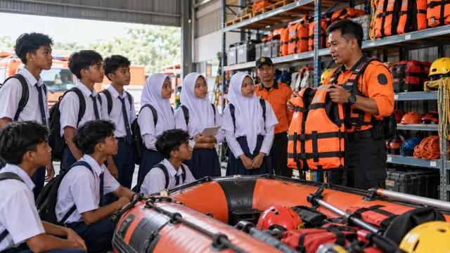Siswa SMP mengikuti pembelajaran lapangan tentang peralatan kebencanaan di BPBD Jember