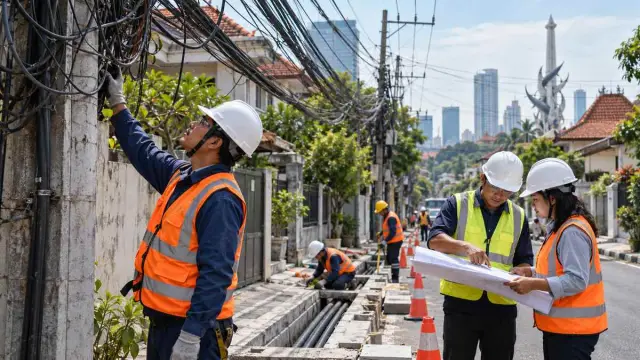 Petugas menertibkan kabel telekomunikasi tanpa izin di salah satu ruas jalan Surabaya