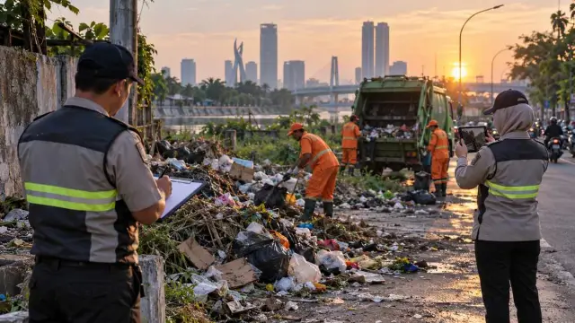 Petugas DLH Surabaya menindak pelanggar pembuang sampah sembarangan pada operasi dini hari