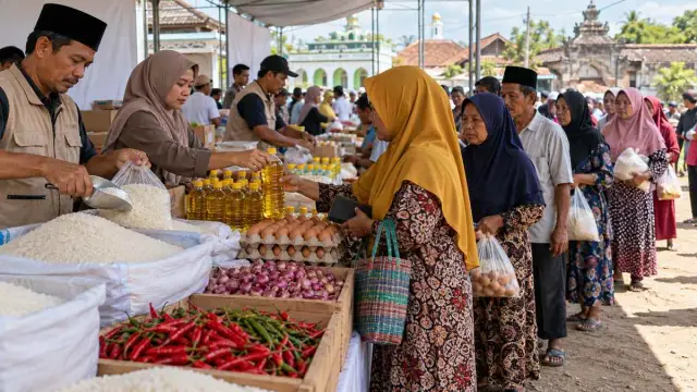 Warga Sumenep mengantre membeli bahan pokok dalam kegiatan pasar murah Pemprov Jatim