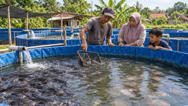 Bhabinkamtibmas memantau kolam terpal budidaya lele dan nila warga Katangtengah Nganjuk