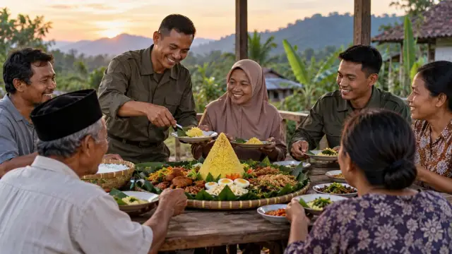 Warga dan personel anonim berpakaian polos berbagi tumpeng di sebuah meja