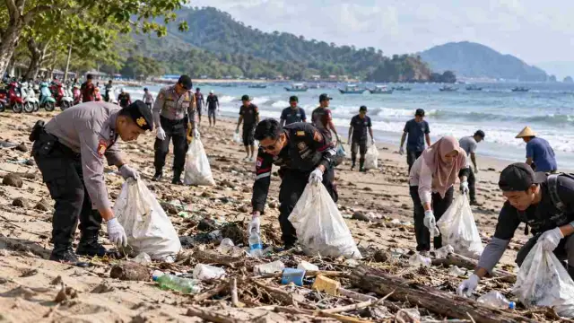 Scooterist dan Polisi Bersihkan Pantai Prigi