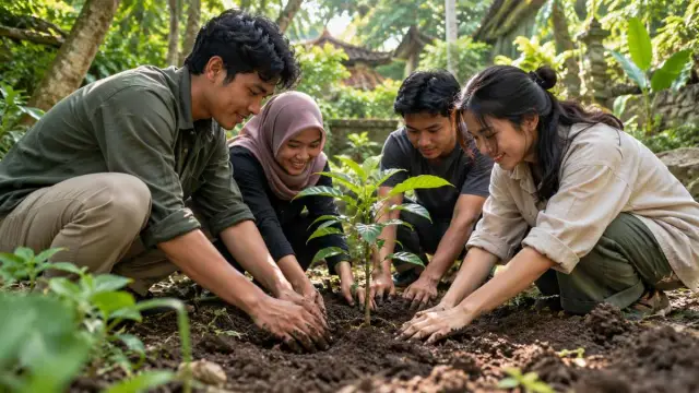 Pemuda Indonesia menanam bibit pohon di kebun, dengan tangan dan tanah sebagai fokus.