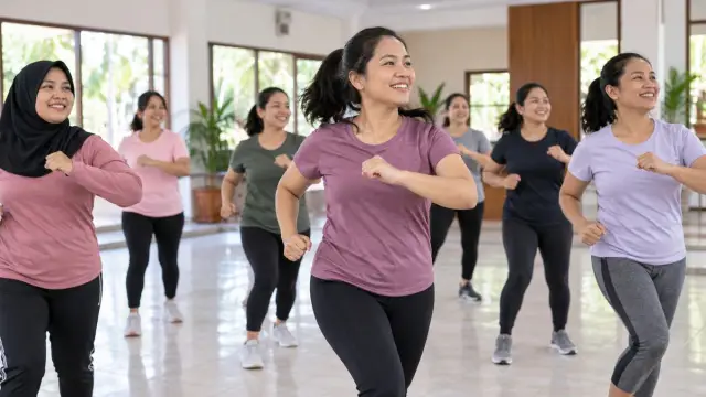 Sekelompok perempuan dewasa berolahraga bersama di aula terang dengan pakaian olahraga polos.