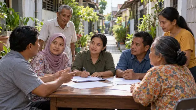 Warga berdiskusi di meja pertemuan lingkungan Surabaya dengan dokumen tanpa tulisan.