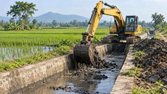 Alat berat membersihkan sedimen saluran irigasi di tepi sawah hijau.