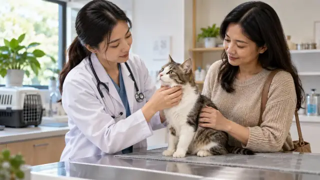 Dokter hewan memeriksa kucing dengan lembut di meja layanan bersama pemiliknya.