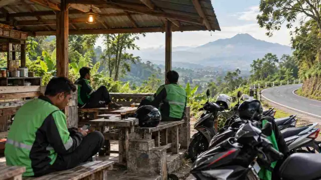 Ilustrasi pengemudi daring beristirahat di shelter jalur Pacet