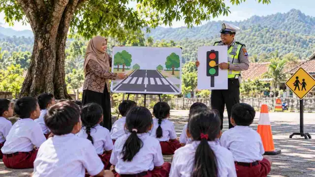 Ilustrasi siswa belajar keselamatan jalan di bawah pohon rindang