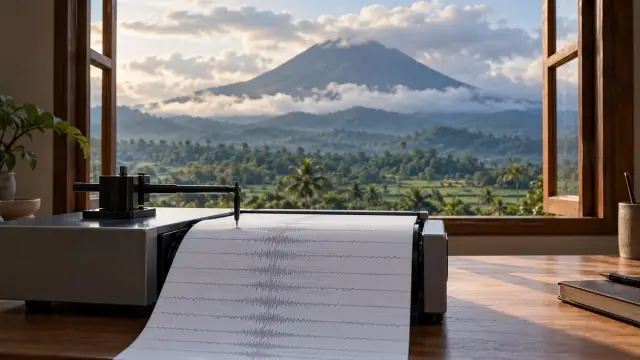 Perangkat pemantauan tanpa tulisan berada di meja dengan gunung berkabut terlihat dari jendela.