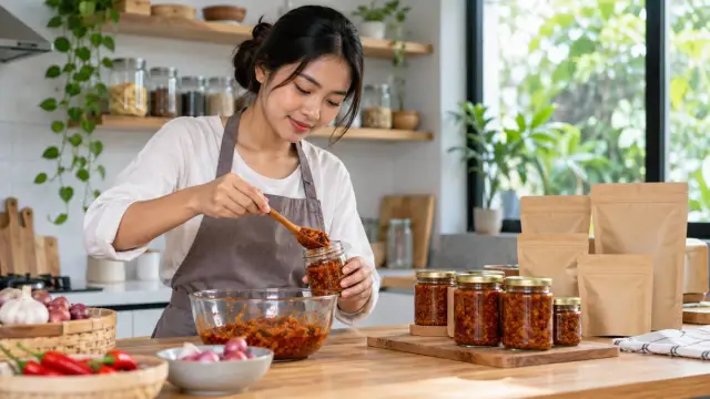 Wirausaha muda menyiapkan produk makanan rumahan di meja dapur dengan kemasan polos.