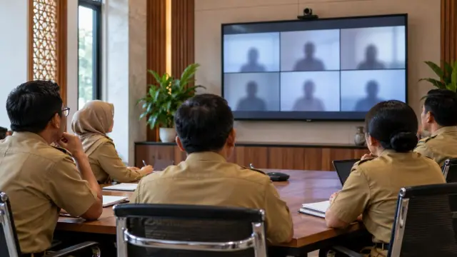Aparatur anonim mengikuti konferensi video di ruang kantor tanpa tulisan atau lambang.