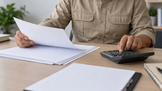 Tangan petugas membandingkan lembar rencana tanpa tulisan dengan kalkulator di meja kantor.