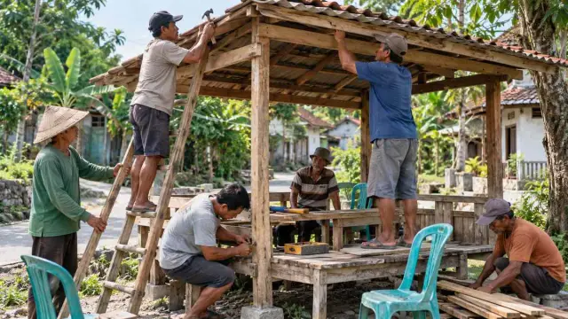 Warga bersama-sama merawat pos ronda kayu sederhana pada siang hari tanpa papan tulisan.