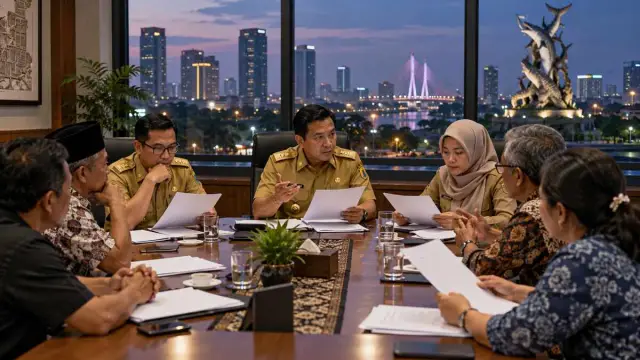 Legislator dan petugas kota menelaah peta perizinan usaha malam di ruang rapat Surabaya