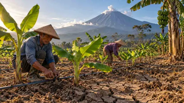 Petani memeriksa tanaman pisang dan sistem penampungan air di lahan kering Lumajang