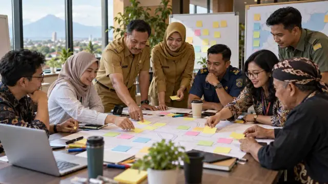 Pegawai pemerintah dan warga meninjau alur layanan pada papan kerja kolaboratif