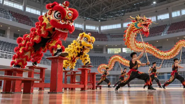 Atlet muda berlatih barongsai dan naga di gedung olahraga Kediri tanpa penonton padat
