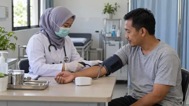 Tenaga kesehatan memeriksa tekanan darah seorang warga binaan di ruang klinik yang bersih
