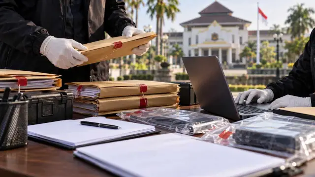 Petugas bersarung tangan memeriksa dokumen di meja audit dengan gedung pemerintah tampak samar