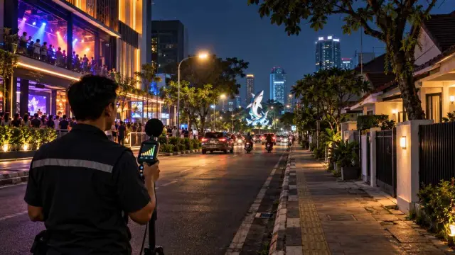 Petugas memegang alat ukur suara di jalan malam, di antara rumah warga dan kawasan hiburan