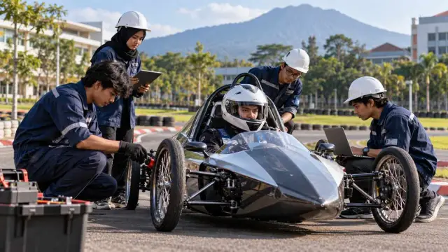 Tim mahasiswa memeriksa mobil prototipe ramping di tepi lintasan dengan perlengkapan keselamatan