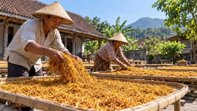 Hamparan tembakau keemasan dijemur di halaman desa saat petani memeriksa kekeringan