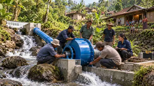 Warga dan teknisi memasang turbin kecil di samping aliran air menuju rumah kampung