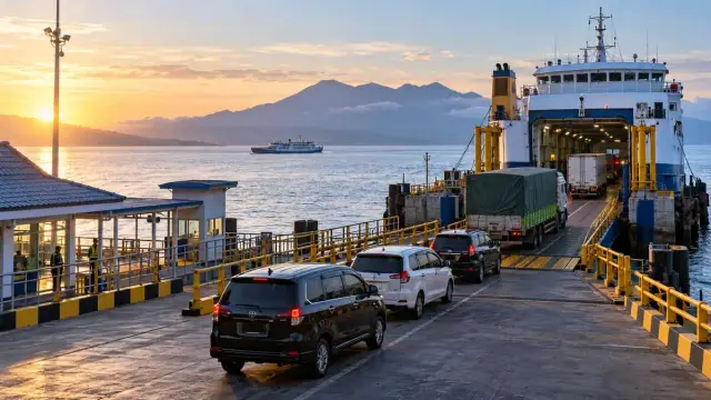 Feri bersandar dengan barisan truk dan mobil pendek menuju dermaga Ketapang