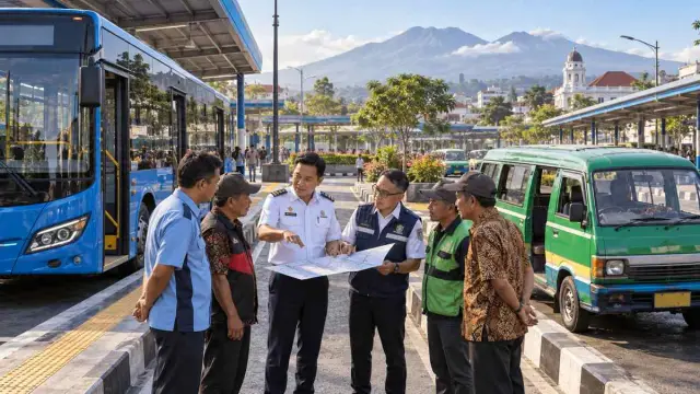 Ilustrasi bus dan angkutan kota berbagi jalur di kota