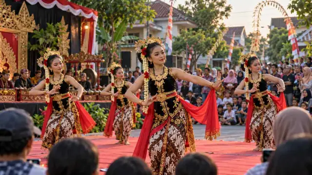 Ilustrasi festival budaya kampung dengan penari dan tumpeng