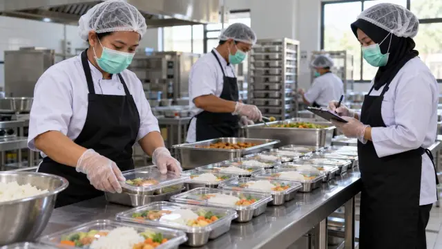 Ilustrasi pemeriksaan makanan di dapur penyedia makanan sekolah