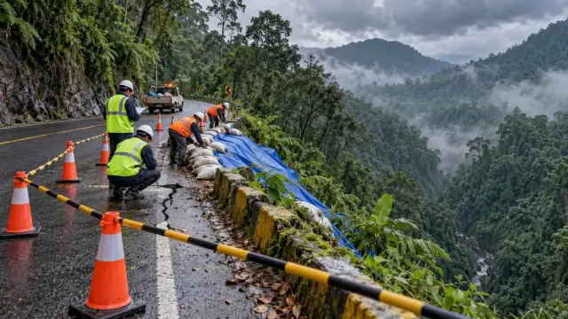 Ilustrasi jalan di lereng dengan retakan tanah dan pekerja lapangan