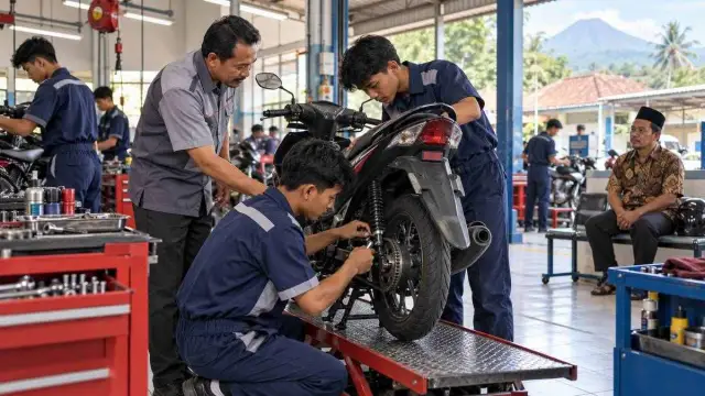 Ilustrasi siswa SMK memperbaiki sepeda motor di bengkel sekolah