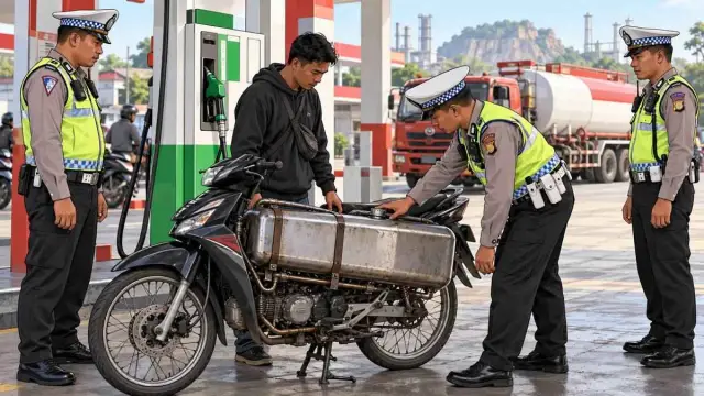 Ilustrasi antrean kendaraan di stasiun pengisian bahan bakar