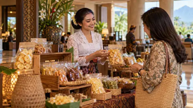 Ilustrasi produk UMKM ditata di area hotel