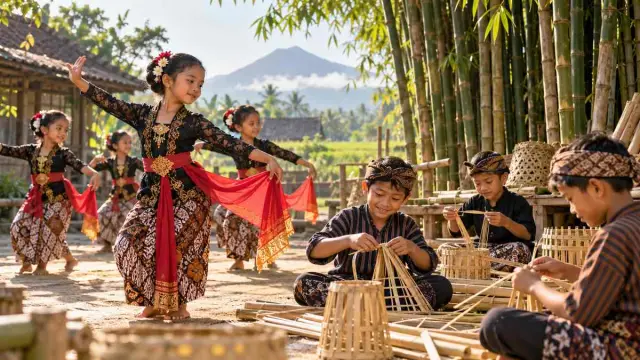 Ilustrasi anak-anak belajar kesenian dan budaya di kampung berbasis bambu