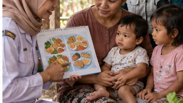 Ilustrasi editorial realistis untuk topik rembug stunting di Kecamatan Wuluhan, Kabupaten Jember, tanpa teks dan logo.
