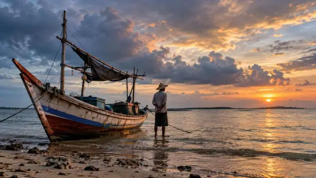 Perahu kayu bersandar di pesisir Madura ketika seorang nelayan mengamati langit berawan