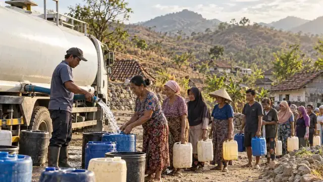 Warga mengantre tertib membawa jeriken saat truk tangki menyalurkan air di desa yang kering