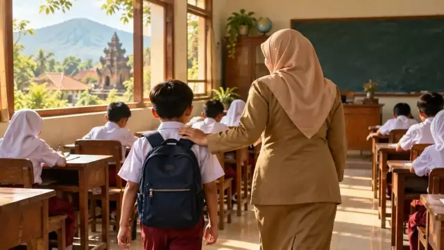 Seorang murid dilihat dari belakang sedang belajar bersama guru di ruang kelas yang tenang