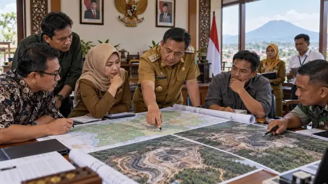 Sejumlah pejabat berdiskusi mengelilingi peta jalan dan citra kawasan tambang dalam ruang rapat pemerintahan